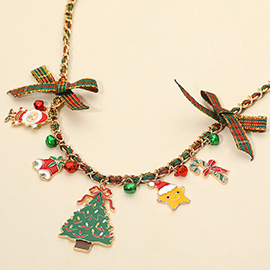 Festive Holiday Charm Station Bow Accent Ribbon Chain Necklace