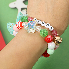 2PCS - MERRY Star Christmas Tree Bow Beaded Stretch Multi Layered Bracelets