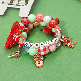 2PCS - OH DEAR Reindeer Candy Cane Gingerbread Man Charm Bow Beaded Stretch Multi Layered Bracelets