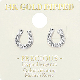 14K Gold Dipped Hypoallergenic CZ Stone Paved Horseshoe Stud Earrings