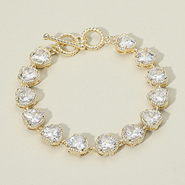14K Gold Plated CZ Heart Stone Cluster Link Toggle Bracelet