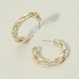 14K Gold Plated Textured Chain Link Hoop Earrings
