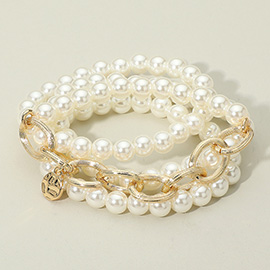 3PCS - Textured Metal Link Medal Charm Pearl Beaded Stretch Multi Layered Bracelets