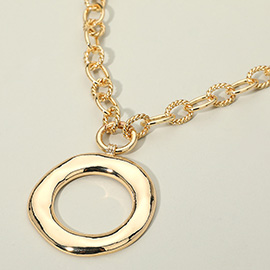 Bold Hammered Metal Open Circle Pendant Chunky Chain Necklace