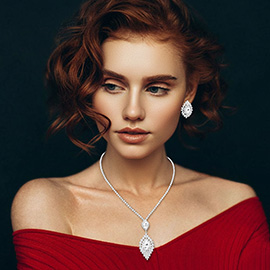 Teardrop Stone Center Rhinestone Paved Pendant Accent Necklace