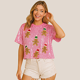 Gingerbread Man Pattern Sequin Holiday Party Shirt