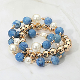 3PCS - Round Pearl Mixed Beaded Stretch Multi Layered Bracelets