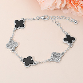 Silver Dipped Quatrefoil Charm Link Station Bracelet