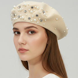 Pearl Rhinestone Embellished Winter Beret Hat