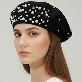 Pearl Rhinestone Embellished Winter Beret Hat
