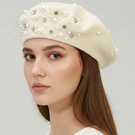 Pearl Rhinestone Embellished Winter Beret Hat