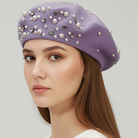 Pearl Rhinestone Embellished Winter Beret Hat