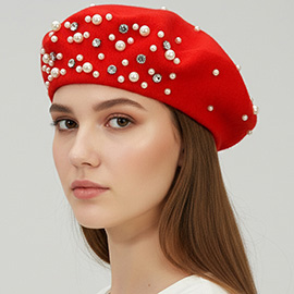 Pearl Rhinestone Embellished Winter Beret Hat