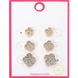 3Pairs - Gold Dipped Stone Paved Quatrefoil Stud Earring Set