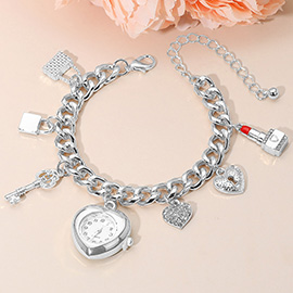 Silver Dipped Key Lipstick Heart Charm Watch Bracelet