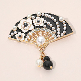 Pearl Embellished Floral Fan Pin Brooch