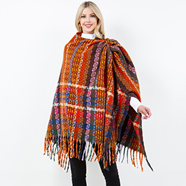 Plaid Fringe Poncho Wrap Shawl