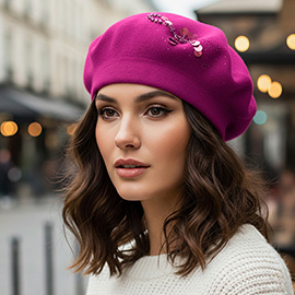 Decorative Sequin Rhinestone Embellished Winter Beret Hat