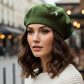 Decorative Sequin Rhinestone Embellished Winter Beret Hat