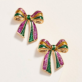 Glitter Mardi Gras Bow Stud Earrings