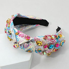 Oval Round Stone Cluster Embellished Jacquard Knot Headband