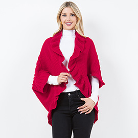 Open Front Ruffled Knit Shawl Wrap Poncho