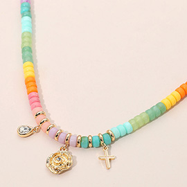 Flower Cross Teardrop Stone Cluster Charm Multi Color Beaded Necklace