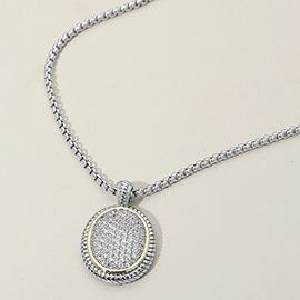 14K Gold Plated Two Tone CZ Stone Paved Oval Pendant Necklace