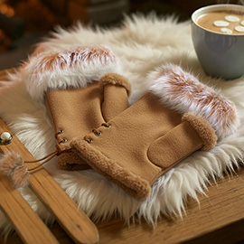 Two Toned Real Fur Trim Fingerless Gloves