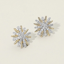 14K Gold Plated Two Tone CZ Stone Paved Radiant Starburst Stud Earrings