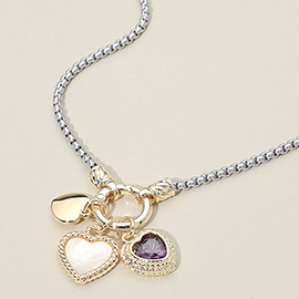 14K Gold Plated Two Tone Mother of Pearl CZ Stone Heart Charms Pendant Necklace