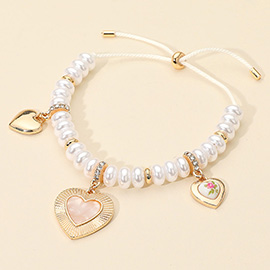 Multi Heart Charm Station Pearl Beaded Adjustable Bracelet
