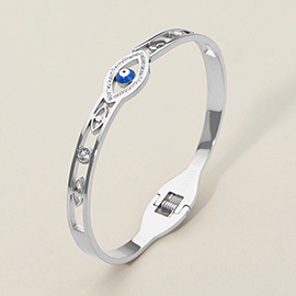 Stainless Steel Openwork Evil Eye Accent Hinged Bangle Bracelet