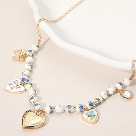 Bow Heart Charm Station Floral Ball Beaded Necklace