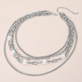 Pearl Bead Accent Multi Layered Chain Necklace
