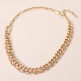 Stone Paved Oval Link Accent Chunky Chain Necklace