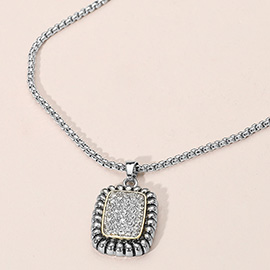 Stone Paved Rectangular Beaded Frame Pendant Necklace