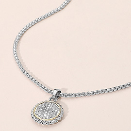 Stone Paved Round Beaded Frame Pendant Necklace