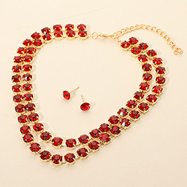 Double Row Round Stone Cluster Link Layered Necklace