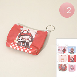 12PCS - Monster Bunny Character Printed Key Ring Coin Purses