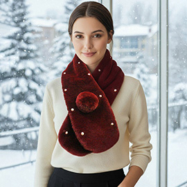 Pearl Embellished Faux Fur Pom Pom Pull Through Scarf