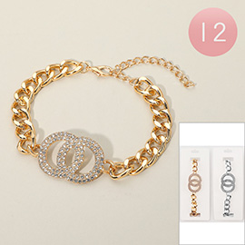 12PCS - Sparkling Stone Paved Double Circle Charm Bold Chain Bracelets