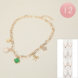 12PCS - Quatrefoil Clover Bow Charm Station Paperclip Chain Necklaces