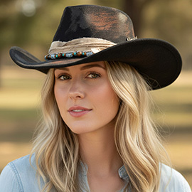 Bow Feather Accent Beaded Band Rustic Vintage Distressed Western Cowgirl Fedora Hat