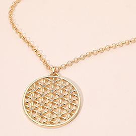Rhinestone Accented Geometric Floral Circle Pendant Long Necklace