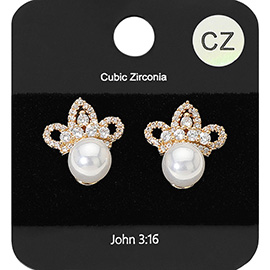 Pearl Accented CZ Embellished Crown Stud Evening Earrings