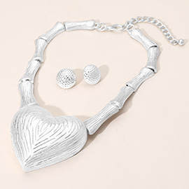 Bold Textured Metal Heart Accent Bamboo Link Statement Necklace