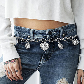 Boho Western-Inspired Floral Heart Charm Station Waist Chain Belt