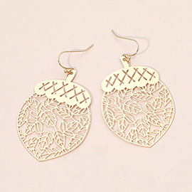 Brass Metal Leafy Acorn Cutout Dangle Earrings