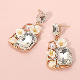 Floral Stone Pearl Leaf Accent Frame Dangle Earrings